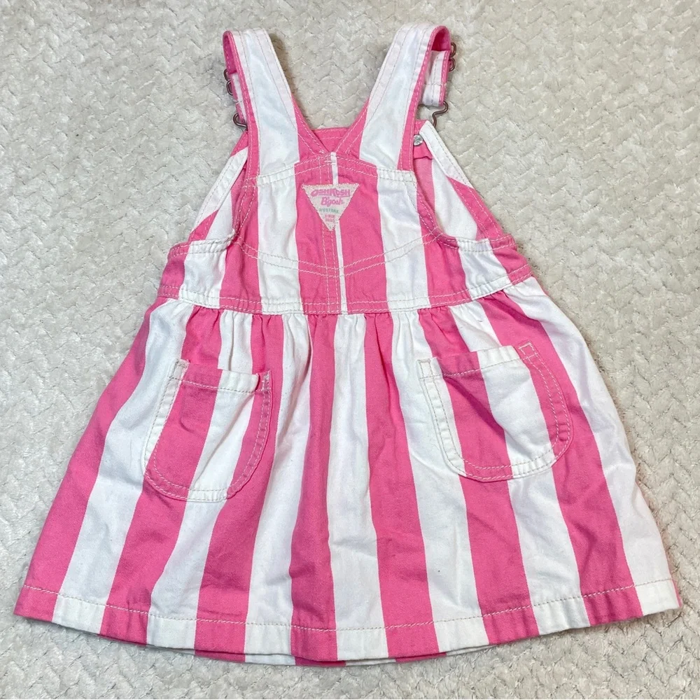 Oshkosh BGosh Y2K Pink White Stripe Dress Overalls Floral Embroidery Size 24 mos